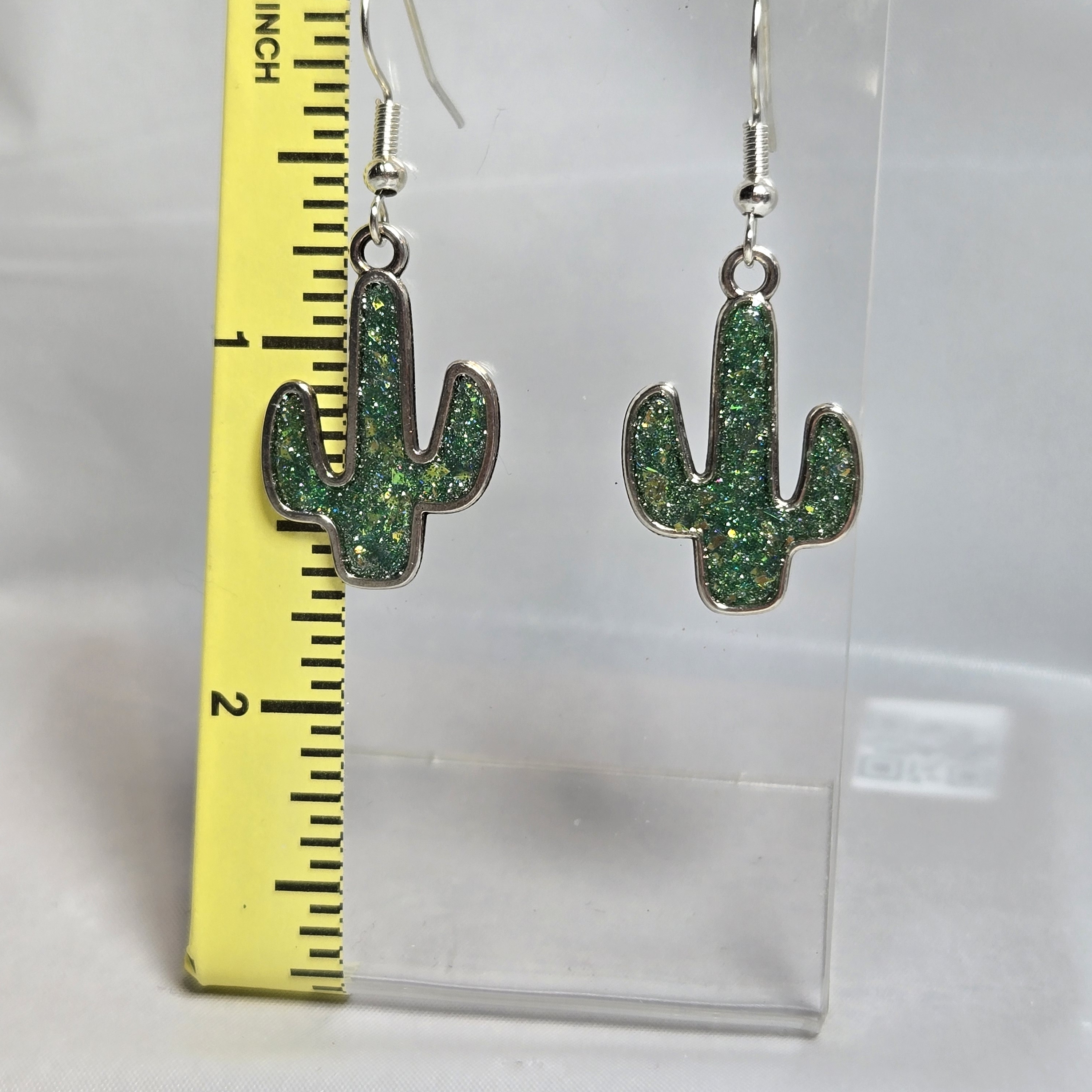 #137- Green Glitter Cactus Earrings
